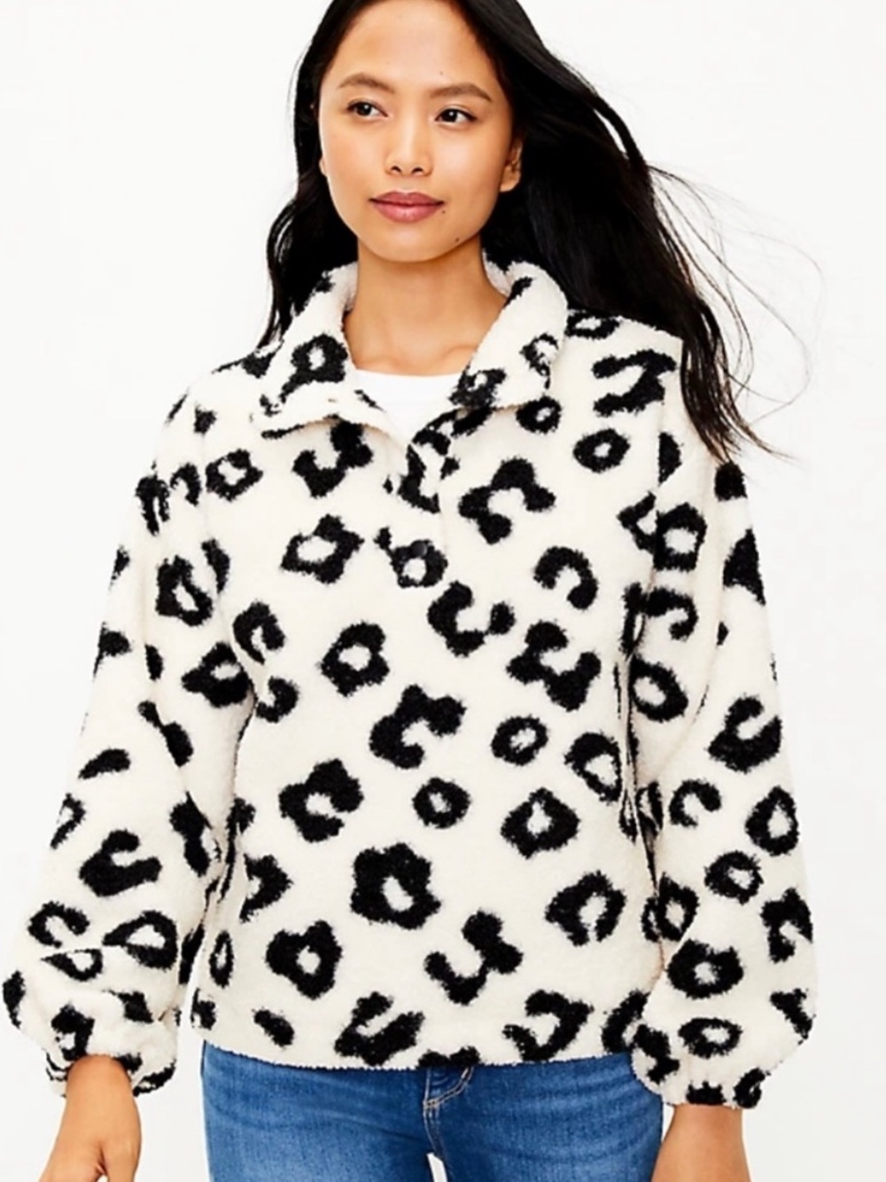 Loft Cream and Black Leopard Print Sherpa Pullover Snap Button Sweater Medium